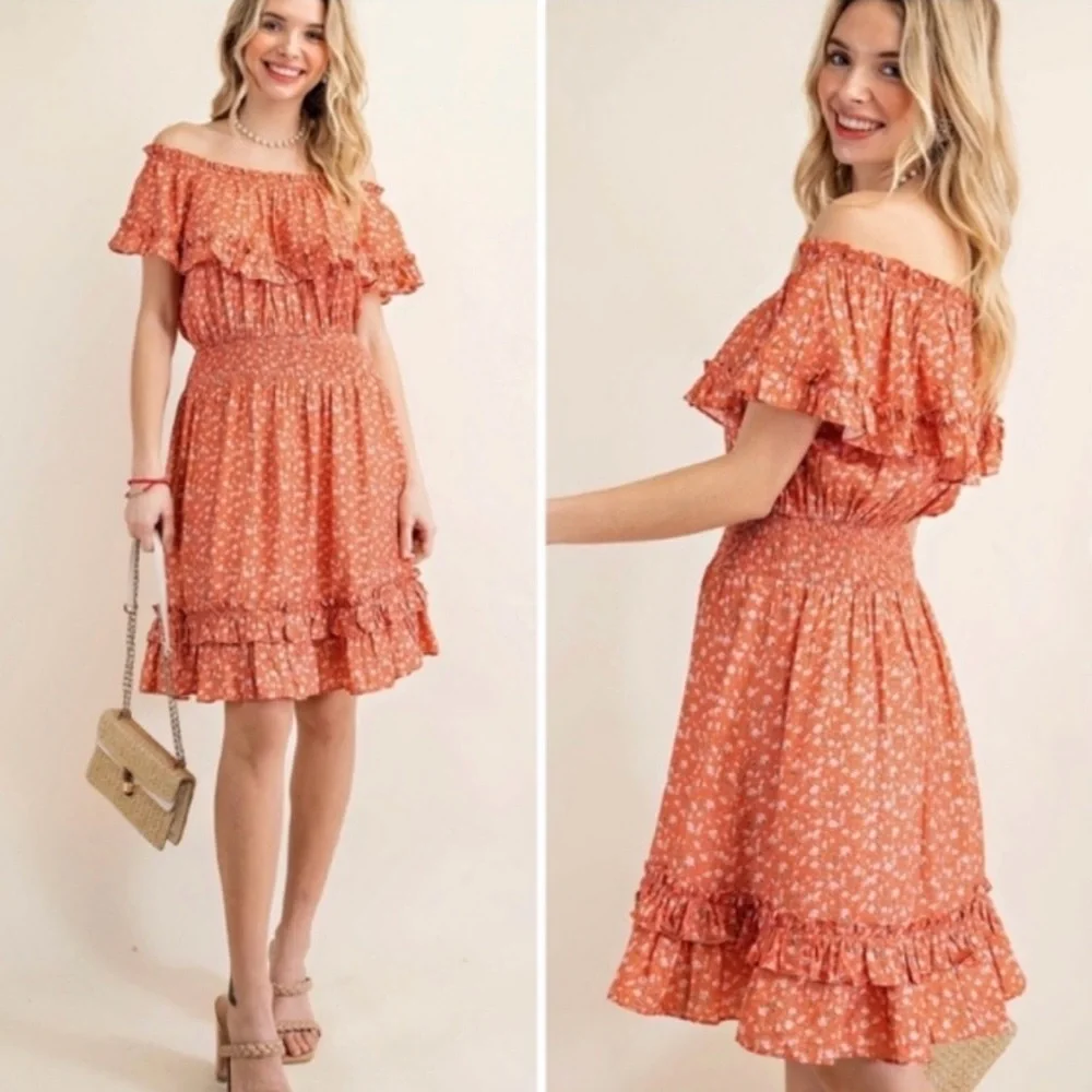 Kori‎ Floral Off Shoulder Flounce Dress Coral